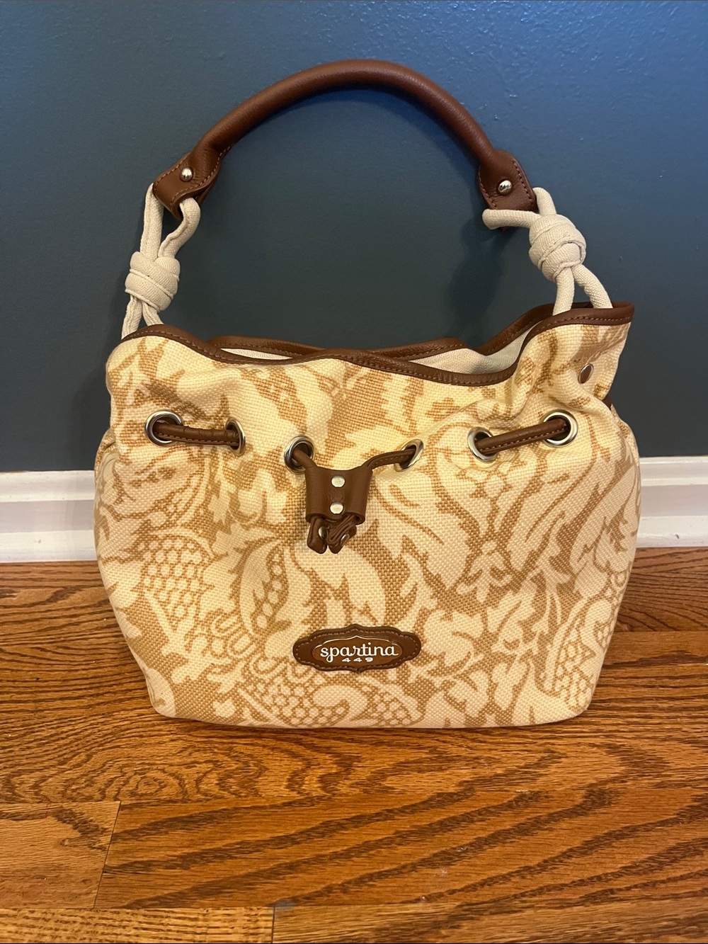 Spartina 449 Cream and Tan Patterned Canvas Hobo Bag with Rope Handle